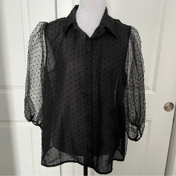 Eloquii Swiss Dot Puff Sleeve Black Button Down Blouse - Size 16 - NWT - Picture 2 of 11
